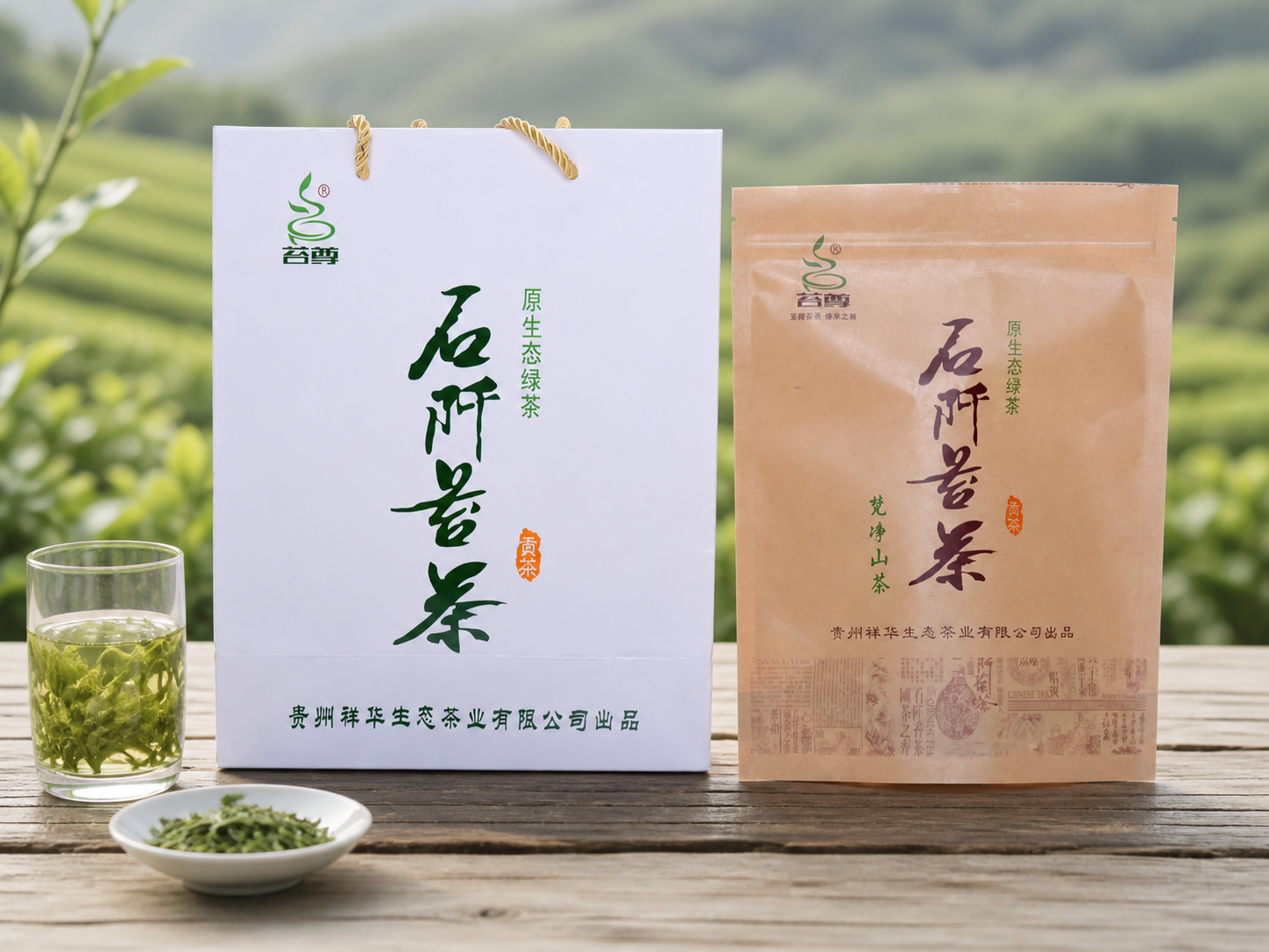 苔尊石阡苔茶礼盒与绿茶茶汤
